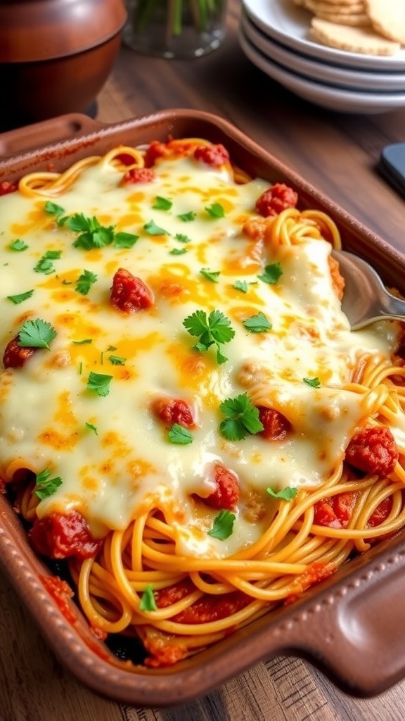 Cheesy Baked Spaghetti Casserole Recipe A hearty baked spaghetti casserole with melted cheese and meat sauce, garnished with parsley, in a rustic baking dish.